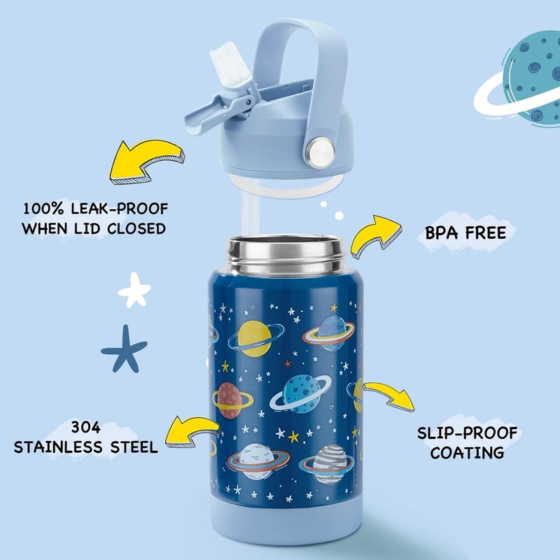 Kerilyn 12oz Kids Water Bottle 2 Pack, Stainless Steel Insulated Water Bottle Bulk, Toddler Cups with Straws Leak-Proof, Kids Water Bottles for School Boys Girls, BPA Free, 2 Piece Set Planet + Kitty - Image 2